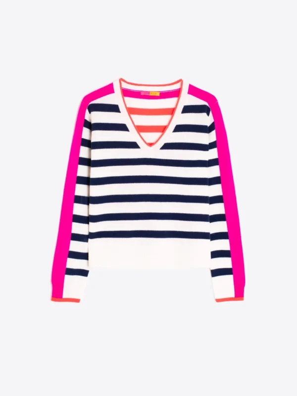 Knitwear*Vilagallo Knitwear Sweater Cb V-Neck Stripes Navy&Orange&Pink