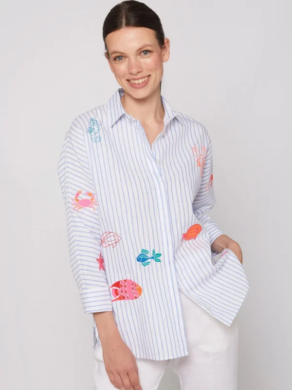 Shirts*Vilagallo Shirt Louisa Emb Blue Linen Stripe