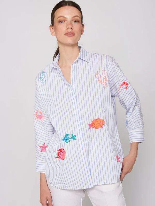 Shirts*Vilagallo Shirt Louisa Emb Blue Linen Stripe