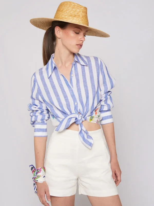 Shirts*Vilagallo Shirt Mafalda Pure Linen Stripe Navy