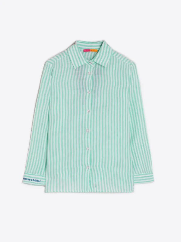 Shirts*Vilagallo Shirt Petra Emb Green Linen Stripe
